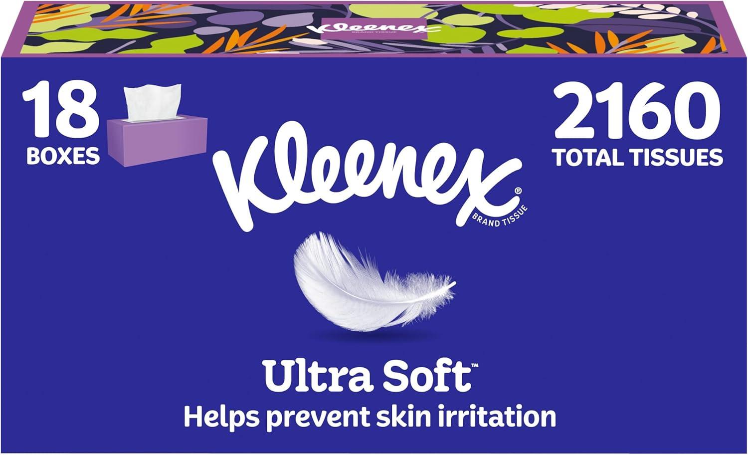image:imageKleenex Ultra Soft Facial Tissues 18 Flat Boxes 120 Tissues per Box 3Ply 2160 Total Packaging May VaryWhite