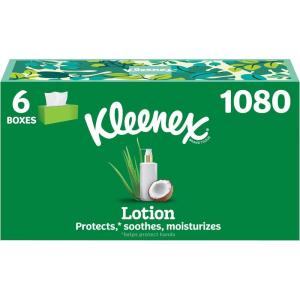 Kleenex Lotion Facial Tissues with Coconut Oil, 6 Flat Boxes, 180 Tissues Per Box, 3-Ply