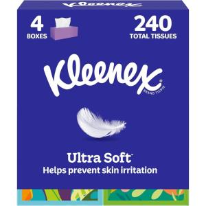 Kleenex Ultra Soft Facial Tissues, 4 Cube Boxes, 60 Tissues per Box, 3-Ply (240 Total), Packaging May Vary