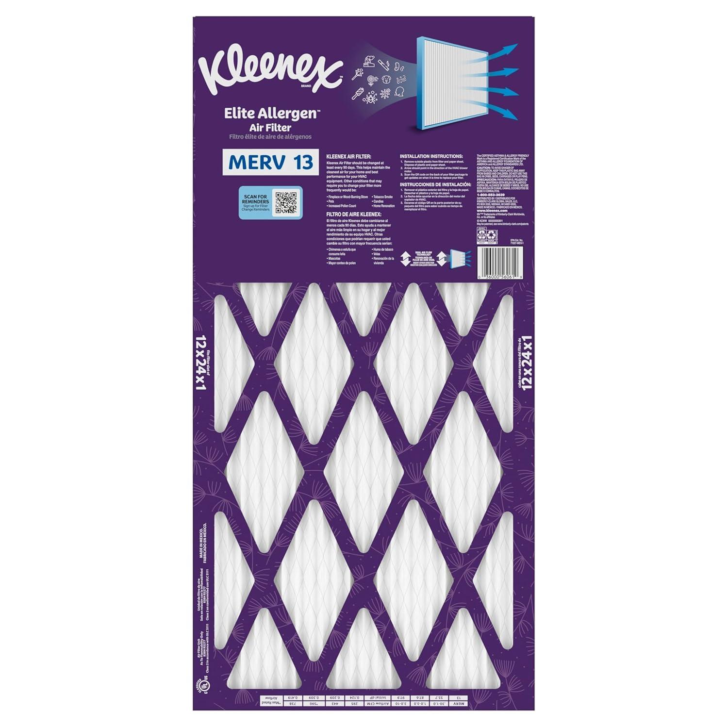 image:imageKleenex Elite Allergen Air Filter 16x25x1 Inches 13 MERV RATING 2Pack12x24x1