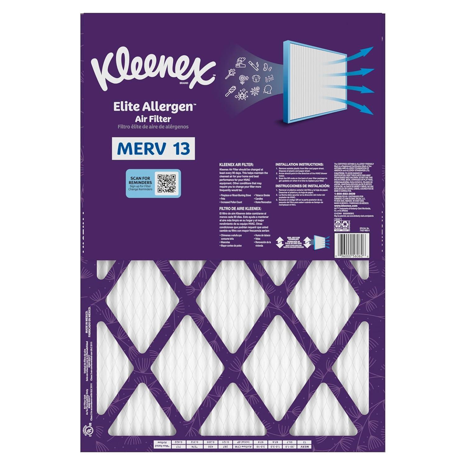 image:imageKleenex Elite Allergen Air Filter 16x25x1 Inches 13 MERV RATING 2Pack14x20x1