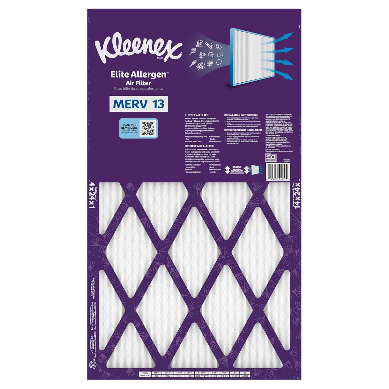 image:imageKleenex Elite Allergen Air Filter 16x25x1 Inches 13 MERV RATING 2Pack14x24x1
