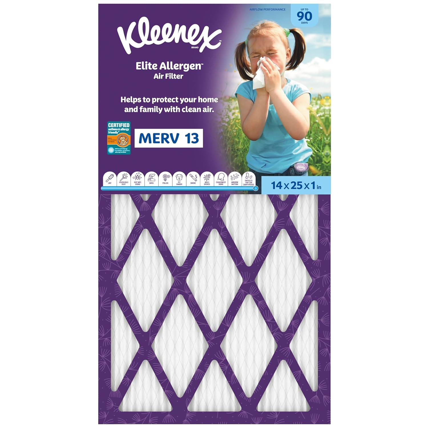 image:imageKleenex Elite Allergen Air Filter 16x25x1 Inches 13 MERV RATING 2Pack14x25x1