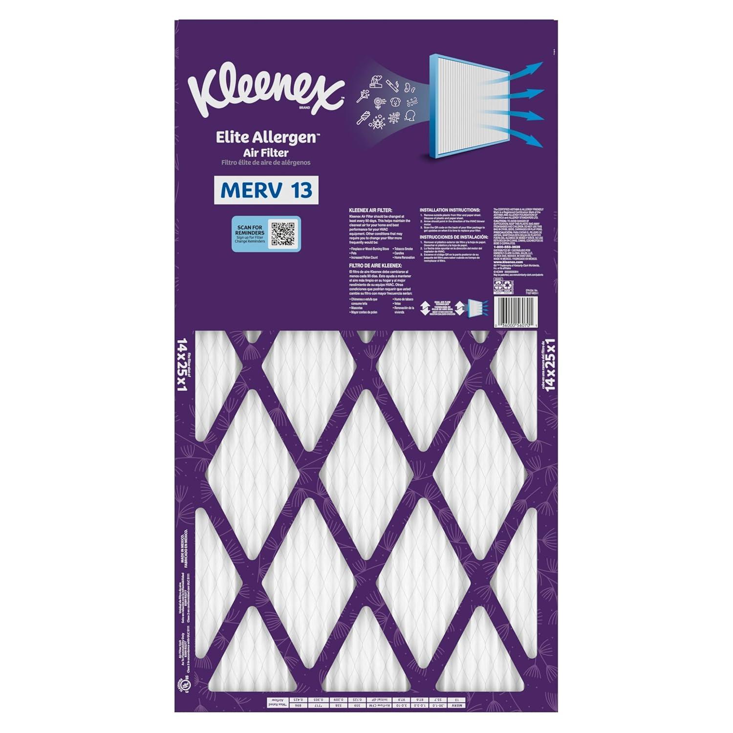image:imageKleenex Elite Allergen Air Filter 16x25x1 Inches 13 MERV RATING 2Pack14x25x1