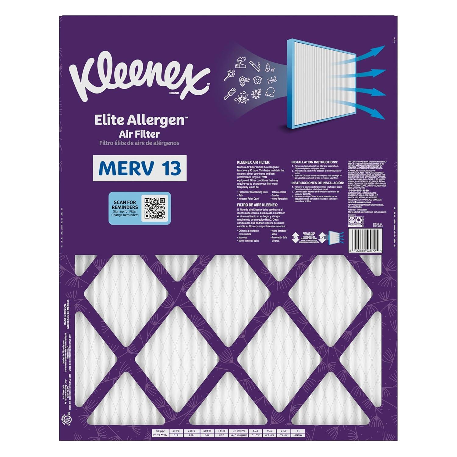 image:imageKleenex Elite Allergen Air Filter 16x25x1 Inches 13 MERV RATING 2Pack16x20x1