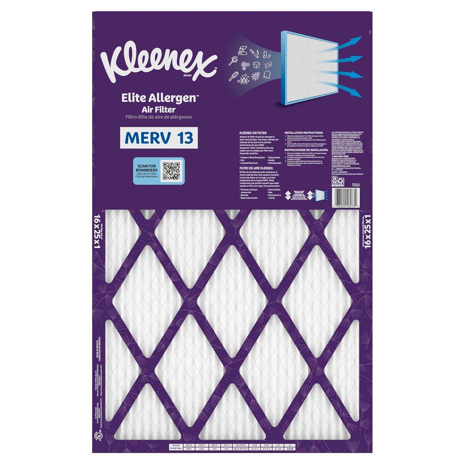 image:imageKleenex Elite Allergen Air Filter 16x25x1 Inches 13 MERV RATING 2Pack16x25x1