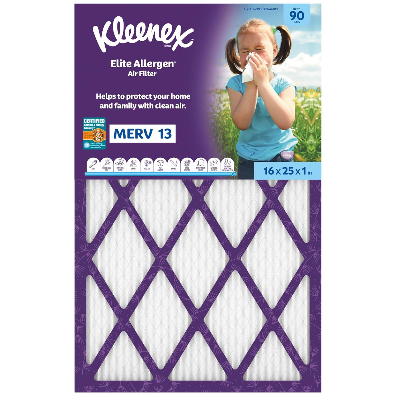 image:imageKleenex Elite Allergen Air Filter 16x25x1 Inches 13 MERV RATING 2Pack16x25x1