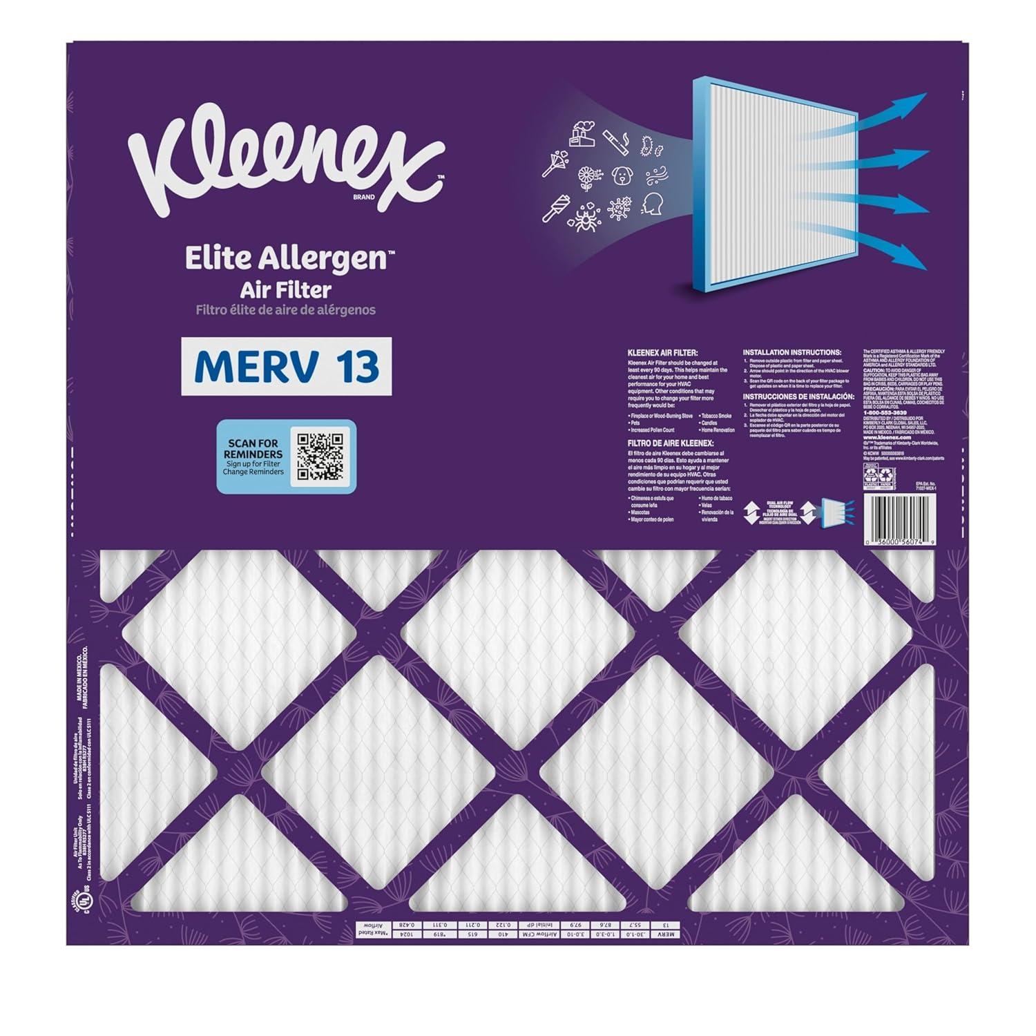image:imageKleenex Elite Allergen Air Filter 16x25x1 Inches 13 MERV RATING 2Pack20x20x1