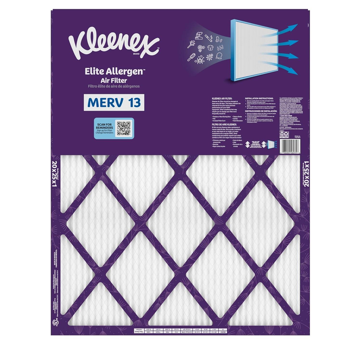 image:imageKleenex Elite Allergen Air Filter 16x25x1 Inches 13 MERV RATING 2Pack20x25x1