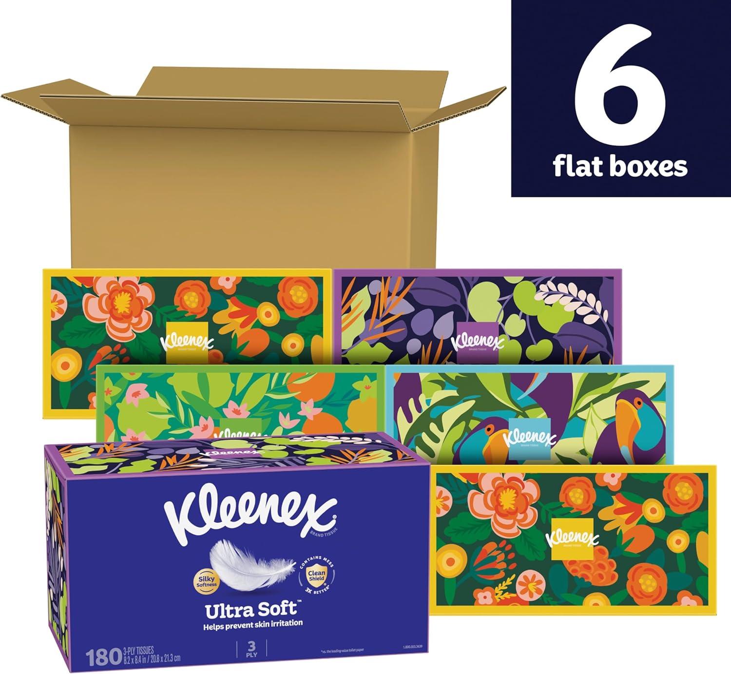 image:imageKleenex Ultra Soft Facial Tissues 6 Flat Boxes 180 Tissues per Box 3Ply 1080 Total Packaging May VaryWhite