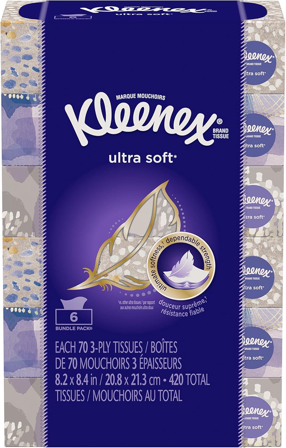 image:imageKleenex Ultra Soft Facial Tissues 6 Flat Boxes 180 Tissues per Box 3Ply 1080 Total Packaging May VaryWhite
