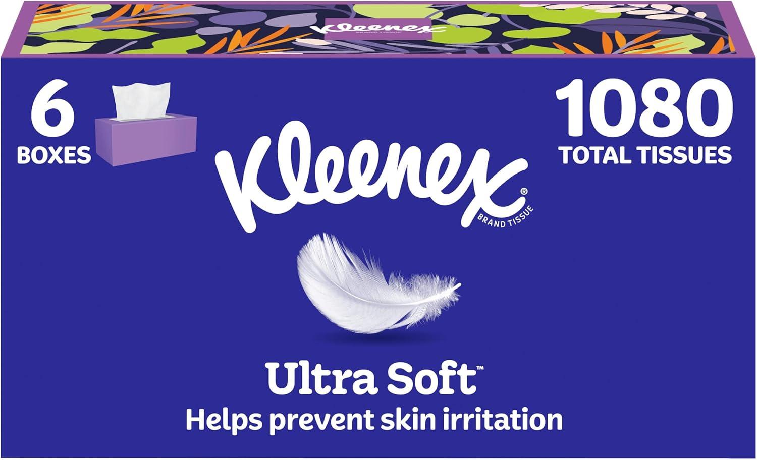 image:imageKleenex Ultra Soft Facial Tissues 6 Flat Boxes 180 Tissues per Box 3Ply 1080 Total Packaging May VaryWhite